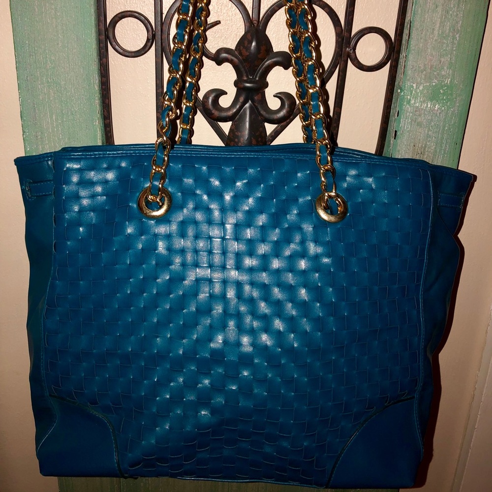 Joan Rivers teal woven handbag